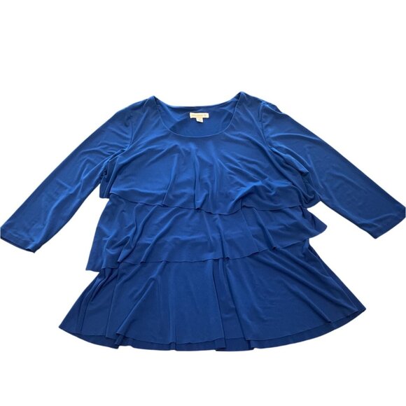 Susan Graver Women's Sz M Blue Top Ruffle Asymmetrical Tiered Stretch Scoop Neck - Picture 1 of 10